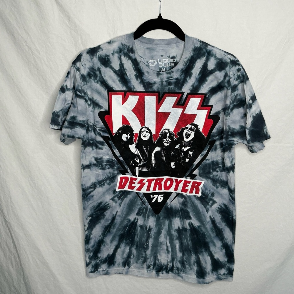 Liquid Blue KISS Men's Medium Blue Tie Dye T Shirt Destroyer 76 Band Tee Rock